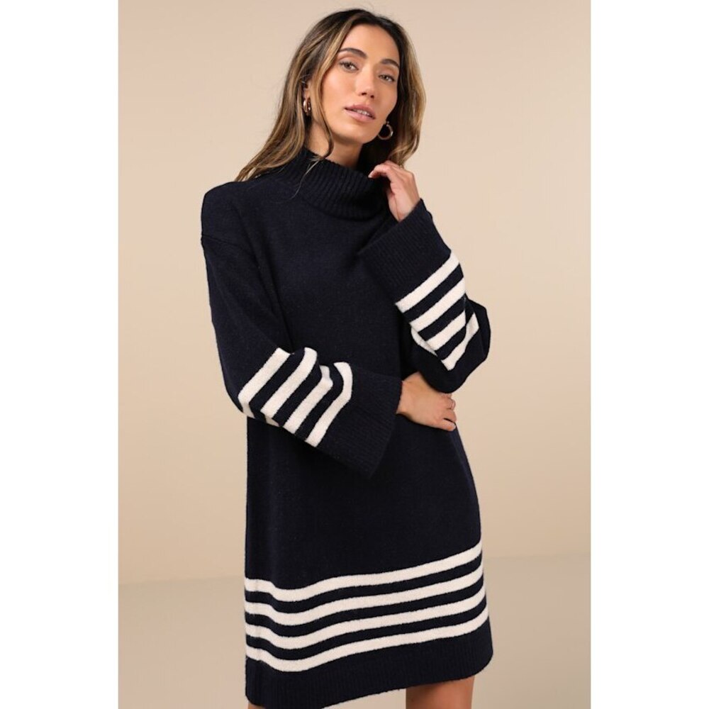 Lulus Comfiest Cutie Navy Striped Mock Neck Mini Sweater Dress Blue - Size S